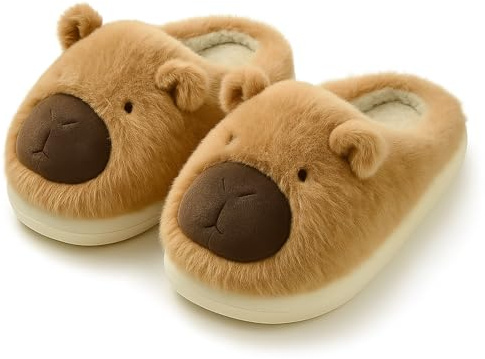 corimori Capybara Hausschuhe Kinder, Teenager, Damen Gr. 34-39 – Lustige Tierpantoffeln – Flauschige mit Gummisohle – Kuschelige Plüschschuhe