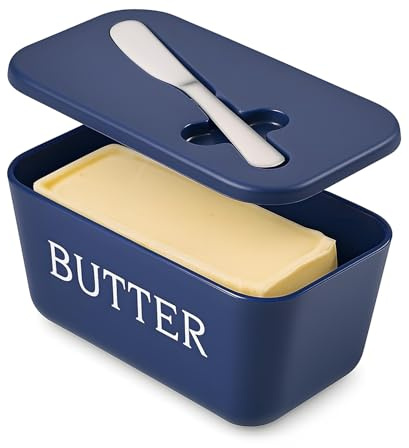 Butter Dish with Lid and Knife,BPA Free Food Grade Plastic Butter Keeper Containers with Cover for Home Coutertop and Refrigerater,Blue Butter Holder