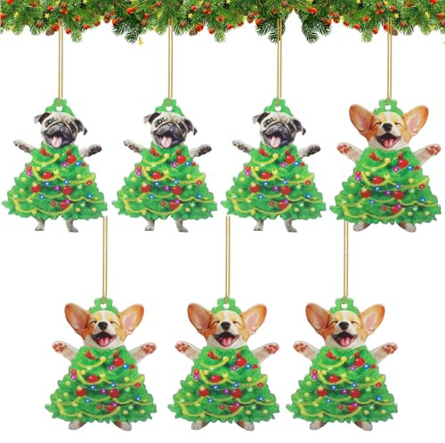 6 Stück Weihnachtsbaum Anhänger Hund Weihnachtsbaumschmuck, Cute 2D Acryl Hund Christbaumschmuck, Weihnachtsanhänger Hunde Flat Decorations, Weihnachtsbaum Deko, Auto Ornament Geschenke