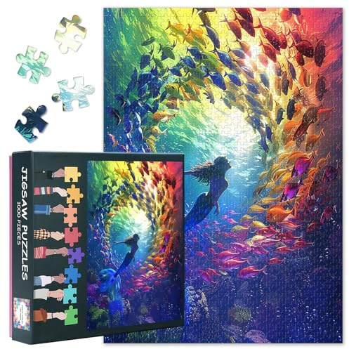 1000-teiliges Puzzle für Erwachsene – Bunte Fischschwärme Umgeben das Koi-Mädchen, Papp-Puzzles für Erwachsene und Familien, Anspruchsvolle Puzzlespiele für Erwachsene, Fertigmaß: 20x27 Inch
