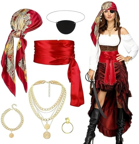 HTGWCG Piratenkostüm Damen Zubehör Piraten Kostüm Frauen Piraten Kopftuch Damen Taillenkette Rotem Tuch Pirat für Karneval Halloween Mittelalter-Party