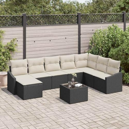 Hoopleep Modernes 9-teiliges Sofa Set Schwarz aus Poly-Rattan mit Kissen, modularer Gartentisch höhenverstellbar, wetterfest für Outdoor Terrasse & Esszimmer