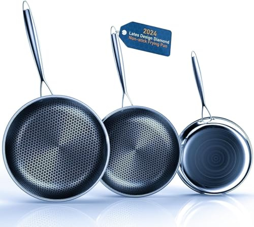 Kiseely Lot de 3 poêles 26cm+28cm+30cm, Poêle à frire antiadhésive diamant, Acier inoxydable de première qualité, Adaptées à l'Induction, Sans PTFE - Sans PFAS - Sans PFOA (HT1)