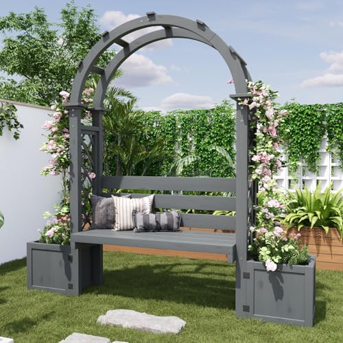 Arche de Jardin en Bois Massif avec 2 Jardinières et Banc Intégré, Pergola pour Rosiers et Clématites, Support Robuste pour Plantes Grimpantes, Décoration Jardin Exterieur (Gris-1)