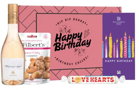 Happy Birthday Whispering Angel Rosé Wine Gift Box with Snacks 37.5cl 13% ABV – Provence Rosé Gift Set for Women Birthday Wine Gift UK