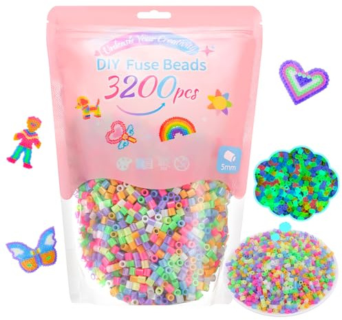 VynyQoo 2026 New Bügelperlen Leuchtend 3200 Stück | 7 Farben,5 mm Glitzer Bügelperlen Set für Kinder ab 6 Jahren, DIY Bastelset, Geschenkidee für Geburtstag und Neujahr