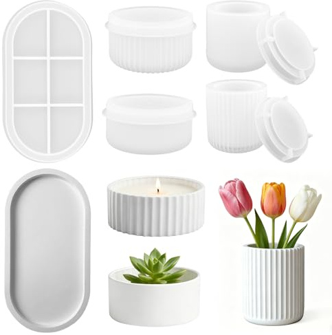 9Pcs Silicone Mould Set for Vase, Tray & Candle Holder, 4 Jar Moulds with Lids and 1 Oval Tray for Resin Casting, Flower Pot and Storage Box Moulds for Concrete, Resin, Wax(White)