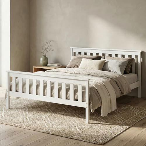 Home Collective Massivholzbett Einzelbett Doppelbett Kiefer Bettgestell mit Lattenrost & Kopfteil | 90x200 120x200 140x200 160x200 | Schlafzimmer Jugendzimmer Gästezimmer | 160x200 cm | Weiß