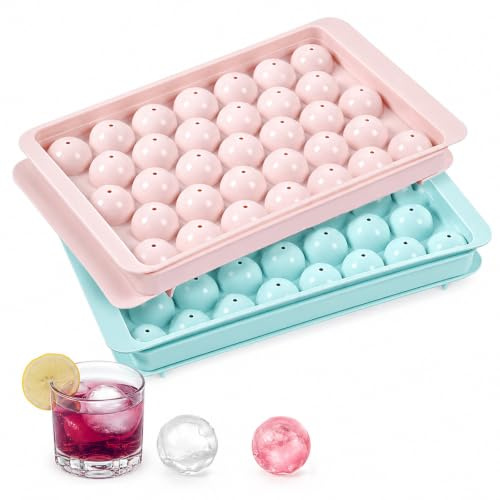 2 Pcs Silicone Ice Cube Tray,Round Ice Cube Tray Moulds,Blue&Pink,2.5cm | Reusable Mini Ice Cube Tray Balls,33-Cell Ice Cube,Easy to Remove,for Water,Whiskey,Cocktails,Beverages,Coffee