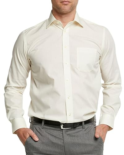 Double TWO Men's Cream Shirt Easy Iron Long Sleeve Formal Regular Fit Business Wedding Shirt (19 Collar)