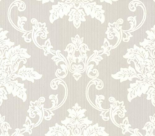 1601-106-05 - Rosemore Damask Striped Grey White 1838 Wallpaper