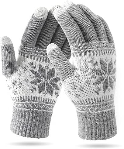 VENI MASEE Weihnachten Frauen Männer Snowprint Keep Warm Strickwolle Touch Screen Handschuhe - Damen Grau,20cm