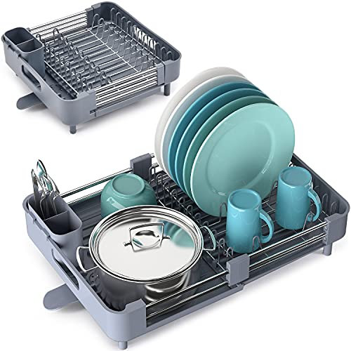 Escurridor de platos para encimera de cocina, escurridor extensible con escurridor, escurridor de platos expandible, colador de platos plegable con soporte para cubiertos, estante de almacenamiento
