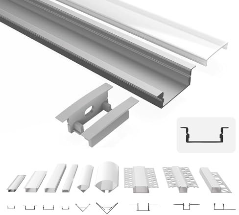 Tivendis Led Alu Profil 2 m EB Komplett Set für Strip/Streifen bis 20 mm breit | Abdeckung satiniert milchig, Endkappen | Einbau Fußleisten Flachprofil eloxiert