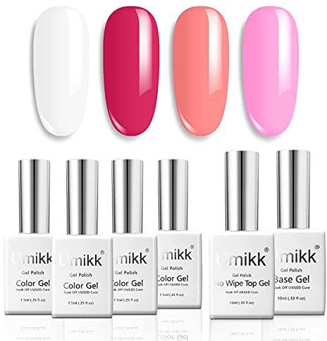 Umikk Gel Nail Polish Set White Watermelon Red Coral Pink 7.5 ml with Base Coat Top Coat 10 ml Soak Off UV LED Cured Home Manicure Gel Polish