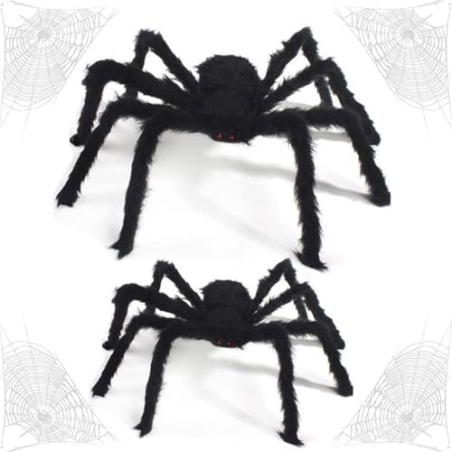 OUOQI 2pcs Halloween Spinnen, 90cm+75cm Riesenspinne, Spinnennetz Halloween Dekoration, Gruselige Spinne Realistische große Spinne Requisiten