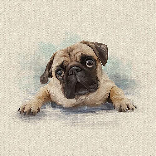Aquarell-Tiere, Digitaldruck-Design, Baumwolle, reiche Leinen-Optik, Stoff für Wimpelkette, Jalousien, Basteln, Quilten, Patchwork und Polsterung, Verkauf pro Paneel (Mops)
