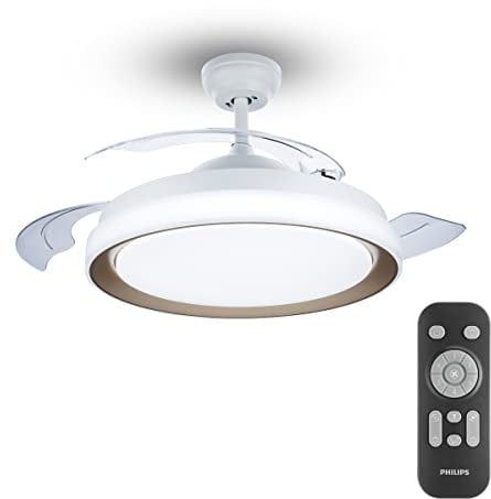 Philips - Bliss Ventilador de techo con luz LED (28W) y mando, motor DC (ahorro energia) 35W, luz blanca de cálida a fría (3000-5500K), diametro 510mm, color blanco y dorado