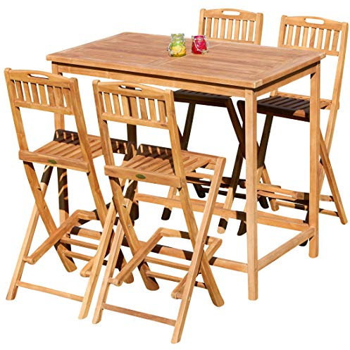 ALEOS. BAR Set Teak Bartisch Bistrotisch Stehtisch 120x70cm mit 4X Barhocker klappbar Holz BIMA-SET120+4KLAP