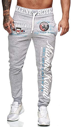 L.gonline Jogginghose Herren lang | Trainingshose Baumwolle | Sporthose mit Bündchen | Enger Beinabschluss | Marine 5258 (3XL, Grau/Weiß)