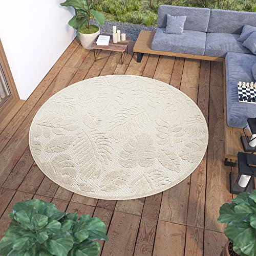 TAPISO Viera Teppich Outdoor Indoor Rund Creme Beige Blätter Loop-Teppich Sisal Optik Wasserfest UV-Beständig Terasse Balkon ÖKO-TEX 160 x 160 cm