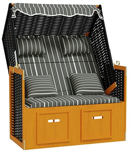 vidaXL Strandkorb mit Kissen Gartenliege Volllieger Sonnenliege Sonneninsel Strandliege Zweisitzer Liege Strand Poly Rattan Massivholz Schwarz Grau