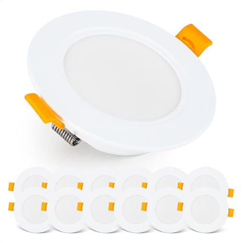 EMOS Exclusive Einbaustrahler LED Spots 230V, 5W, 500lm, 6000K kaltweiß | Set mit 12 Downlight LED Spots Badezimmer etc., wasserdicht IP54 | LED Einbaustrahler 230V, rund Ø 95mm, ultra flach, weiß
