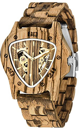 Dentily Herren Holzuhr Dreieck Skelett Automatikuhr Mechanische Holzuhren für Männer, Hellbraun, Classic