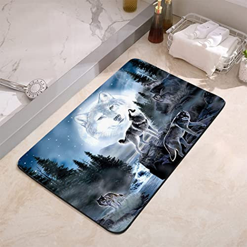 YISUMEI Badezimmerteppich 42x60 cm Badematte Rutschfester Waschbar Absorbierender Badvorleger Schnelltrocknend(Wald Wolf Mond)