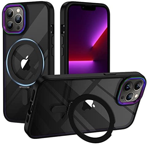 XTCASE für iPhone 13 Pro Hülle kompatibel mit Magsafe, Transparent Handyhülle für iPhone 13 Pro mit Magnet Ständer Kratzfeste PC Rückseite + TPU Bumper - Schwarz