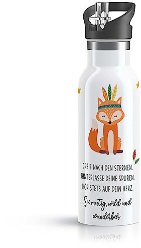 OWLBOOK® Edelstahl Kinder Trinkflasche Junge | Wasserflasche mit Strohhalm | 600 ml | Flasche BPA-frei | Spülmaschinenfest | Schule Schulanfang Geschenke zur Einschulung Jungen | Fuchs