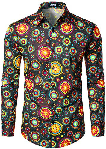 JOGAL Herren Regular Fit Floral Business Hemd Langarm Button Down Print Freizeithemd Braun Kreis XX-Large