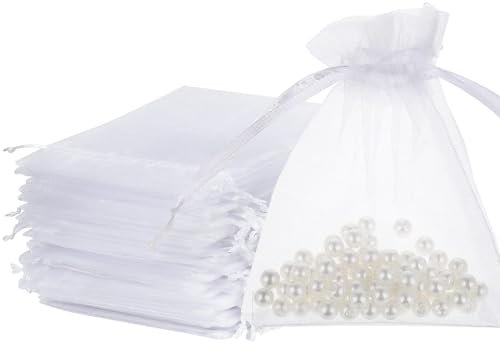 50 Stück Organzasäckchen Weiß 8 x 10cm, Organzabeutel Kleine Säckchen Organza Säckchen Beutel, Mesh Hochzeitsbevorzugung Geschenktüten mit Kordelzug für Schmuck Süßigkeiten Weihnachtsfest Verpackung