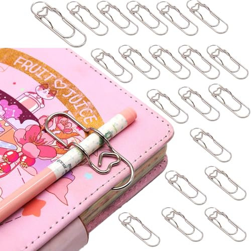 Qomamount Stifthalter für Notizbuch, 20 Stück Metall-Stiftklammern mit Herz, schöne Büroklammern, multifunktional, niedlich, Tagebuch, Büroklammern, großer Stifthalter (Silber)