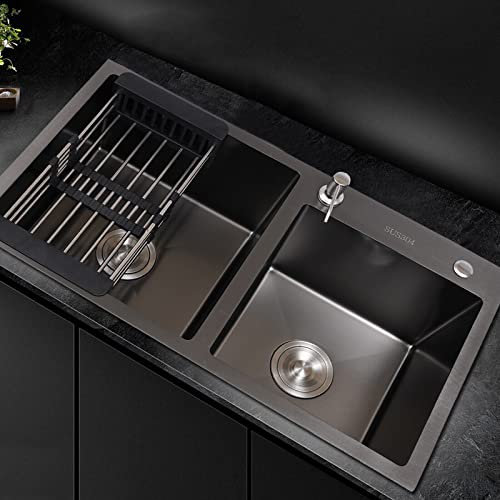 Fregadero doble de acero inoxidable 304 para debajo de la encimera, fregadero rectangular, 78 x 43 x 22 cm, juego negro