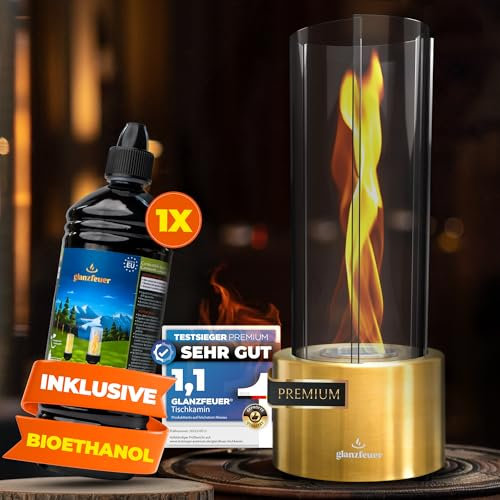 Glanzfeuer Bioethanol Tischkamin Outdoor & Indoor inkl. Bioethanol - Extra Lange Brenndauer mit Wirbelflamme - Tischfeuer Deko - Tisch Kamin Feuer Feuersäule - Garten & Deko Geschenk