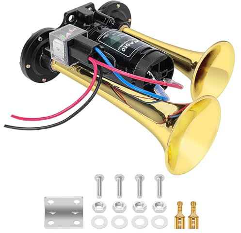 WADEO 12V LKW Hupe 118dB, Super Laut Doppelhorn Auto-Drucklufthupe mit Kompressor, Lufthorn Drucklufthorn Laute Hupe Kit für alle 12 V Fahrzeug, PKW, LKW, Zug, Boot, Auto, Van (Gold)