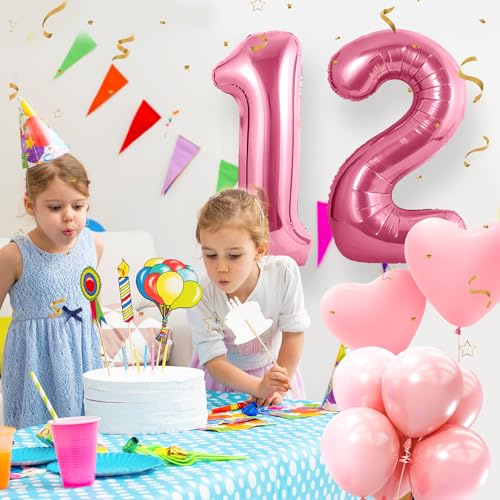 12 Geburtstag Deko zahlen luftballon 12 jahre | Folienballon Rosa - für 12. Geburtstagsdeko Männer Frauen Ballon Zahl Deko zum Geburtstag fliegt mit Helium 12.Geburtstagsparty 40-101cm