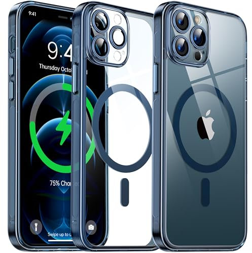 Flyzoo Clear Magnetic Case for iPhone 12 Pro (6.1'') with Camera Protector, [Compatible with MagSafe] [Non-Yellowing] [Shockproof&Antiscratch Protection] Hard Transparent Cover with Silicone Edge,Blue