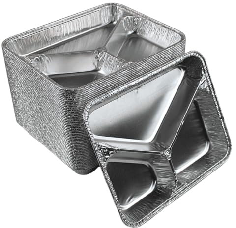 Enpack Aluschale R881-760G - 100 Stück Aluschalen Grill dreigeteilt mit Deckel - Wärmebehälter 760ml - Fettauffangschale als Grill Zubehör, Food Container - feuerfeste Alu Grillschale