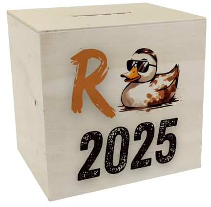 Ente mit Sonnenbrille Spardose aus Holz mit Spruch Rente 2025 Renteneintritt Rentner Ruhestand Entenkörper und Entenschnabel