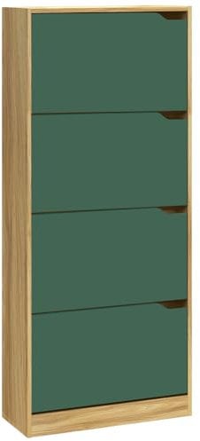 BAKAJI Zapatero Zapatero de Madera MDF con 4 Puertas para Zapatos abatibles, Asas retráctiles, Doble Profundidad, tamaño Compacto, 63 x 24 x 150 cm, Ahorra Espacio en la Entrada de casa (Verde y