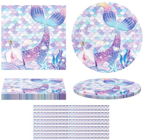 ZGDEIWGF Ensemble De Vaisselle De Fête Sirène 40 Pièces, Ensemble De Table De Décoration D'Anniversaire, Pailles De Sirène, Serviettes En Papier À Motif De Sirène