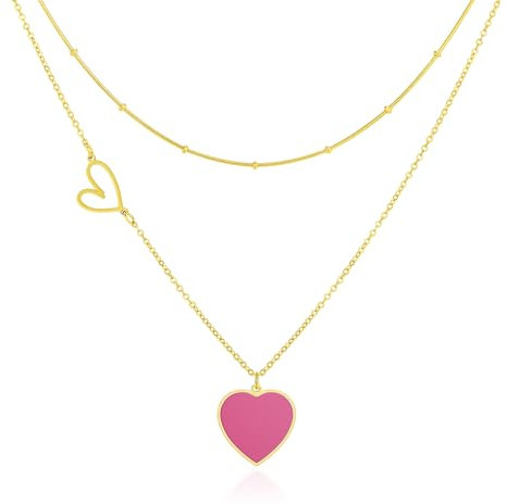 Linawe Collana a cuore da donna, ciondolo a catena rosa catena dorata con ciondolo, gioielli in acciaio inossidabile, gioielli in acciaio inossidabile, catena a strati placcata in oro
