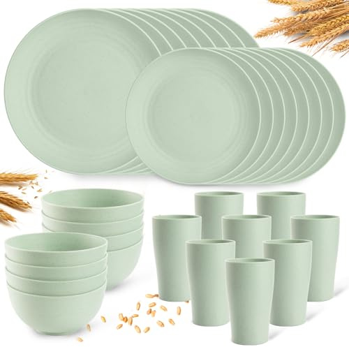 Gudvilla Camping Plates Cups and Bowls Set Green Reusable Microwave Safe Lightweight Unbreakable Plastic Dishes Set for Elderly Kitchen Adults Outdoor,32 Pcs Holiday Dinnerware Sets for 8