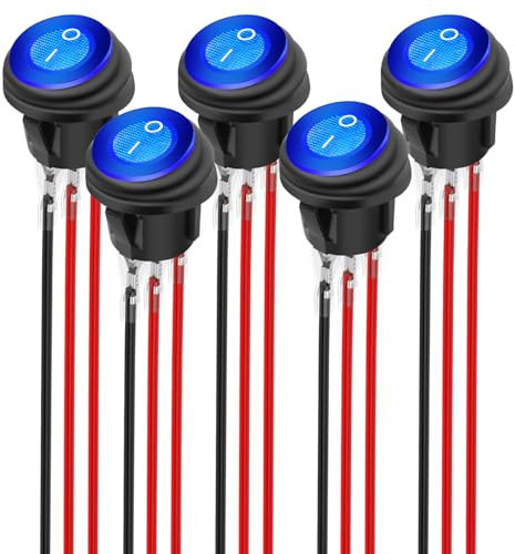 Gebildet Interruptor Basculante Redondo Impermeable de 12-24V,15A,con luz LED Azul,Encendido y Apagado,3 Pines,2 Posiciones, 12voltios,para Vehículos Marinos,Autocaravanas,Camiones(Paquete de 5,Azul)