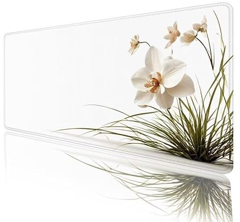 Mauspad Weiß Mousepad XXL 1000 x 500 x 5 mm Groß Gaming Mauspad Orchidee Schreibtischunterlage mit Vernähte Kanten, Anti-Rutsch Mouse Pad für PC, Laptop, für Home Zimmer Office Deko, Geschenke H-28
