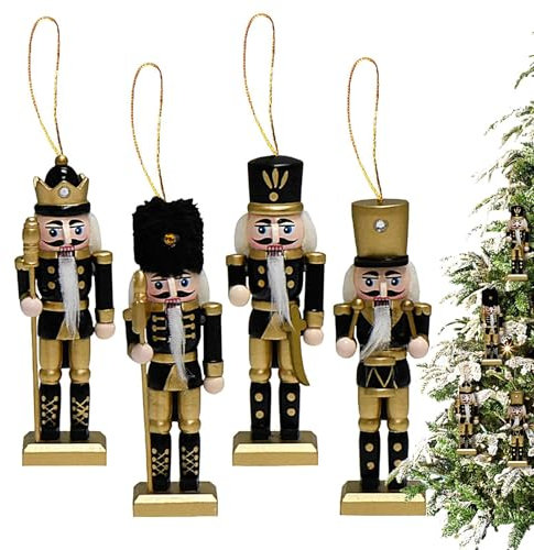 Christmas Wooden Nutcracker Set | 4x Nutcracker Figure Pendants | Stylish Black and Gold Soldier Ornaments for Seasonal Decor Doors and Window Sill Photography Props