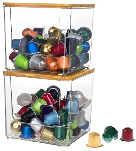 VANZAVANZU 2-Pack Storage Boxes with Bamboo Lids, Clear Plastic Bins with Side Openings, Perfect for Coffee Pods Storage, Pantry Organization, and Household Essentials