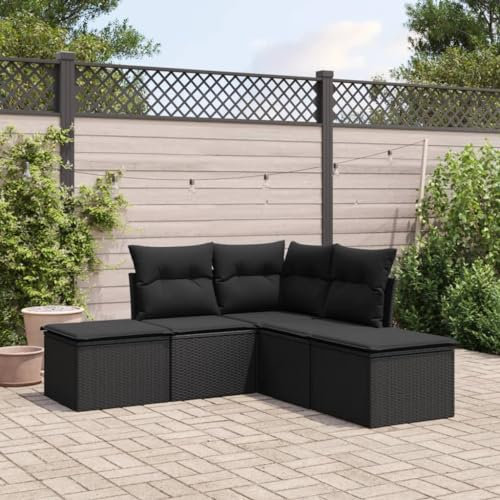 Gartensofa-Set für den Außenbereich, mit Stauraum, 5-teilig, schwarz, Polyrattan, Aufbewahrungsbehälter für Wohnzimmer